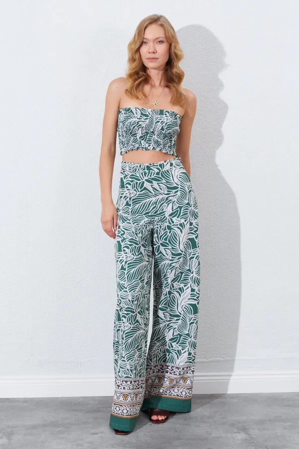 Kadın Haki Croplu-Palozzo Pantolonlu Desenli Takım