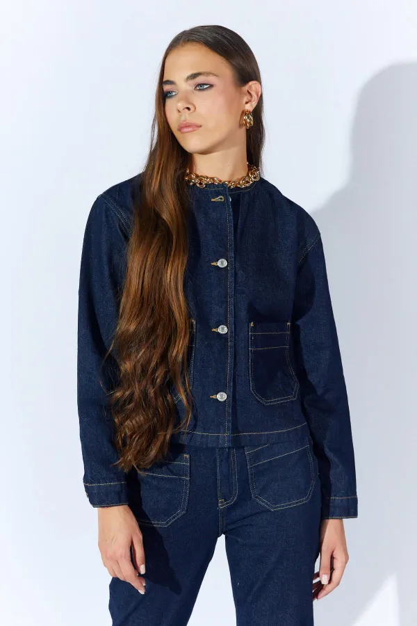 Kadın Rins Yıkama Bisiklet Yaka Cepli İspanyol Pantolonlu Jean Takım