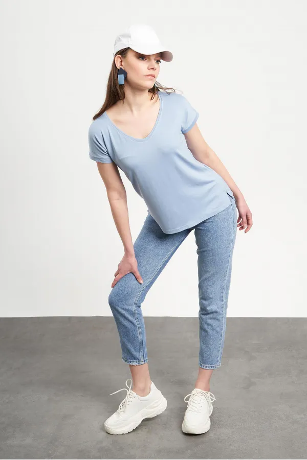 T-shirt bleu à col en V pour femme, coupe ample