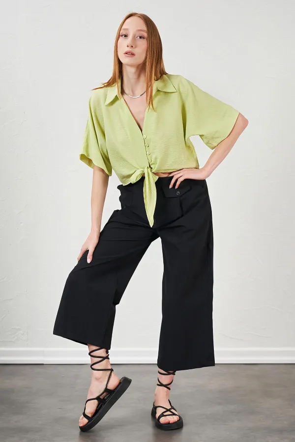 Kadın Siyah Kısa Palazzo Poplin Pantolon