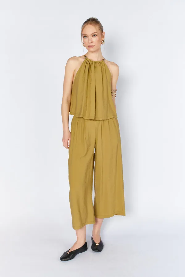 Women's Olive 171 Modal Suit with Wide-Leg Trousers and Beaded Collar Accessory