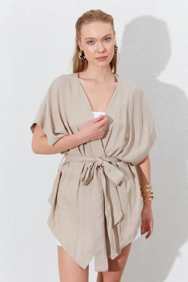 Kadın Koyu Bej Düşük Kol Kuşaklı Kimono