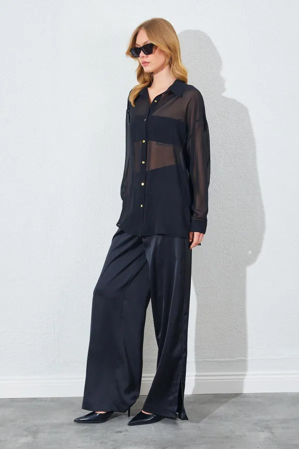 Kadın Siyah Şifon Bluz Saten Pantolon Takım