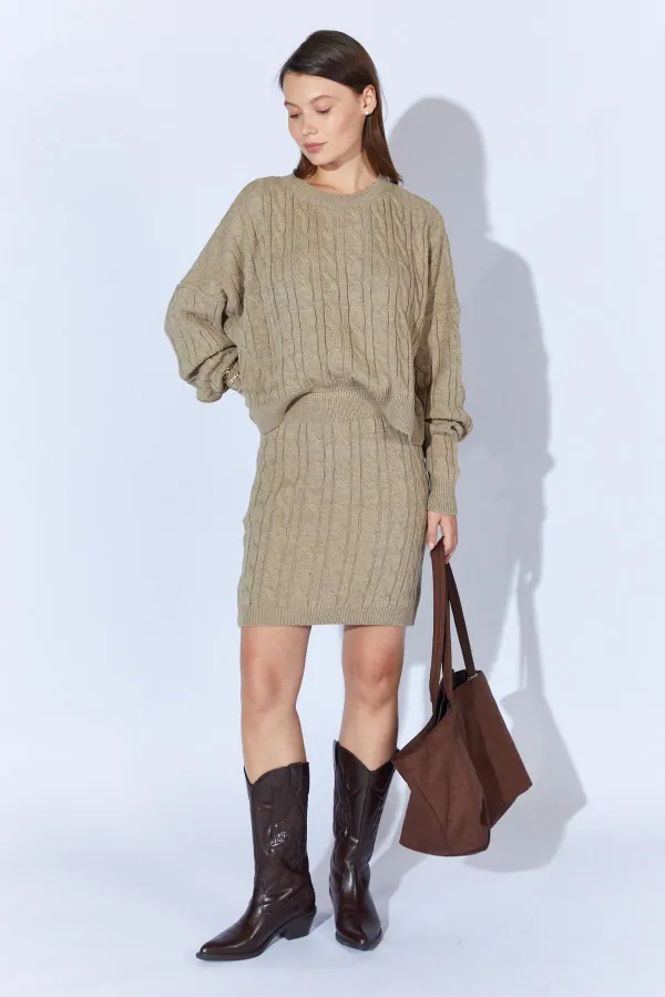 Kadın Vizon Saç Örgülü Etek Kazak Takım