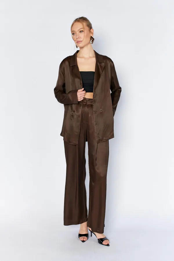 Women's Coffee Gold Single Button Flush Satin Jacket