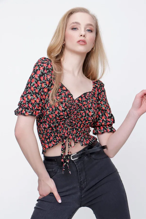 Kadın Desen-3 Gipeli Ön Büzgülü Crop Bluz