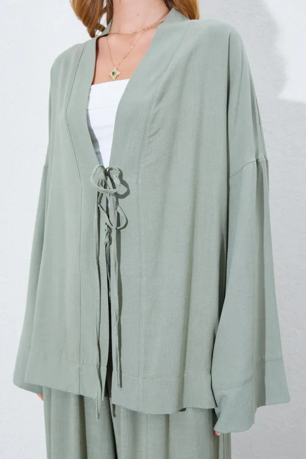 Kadın Haki Önü İp Bağlamalı Kimone Ceket
