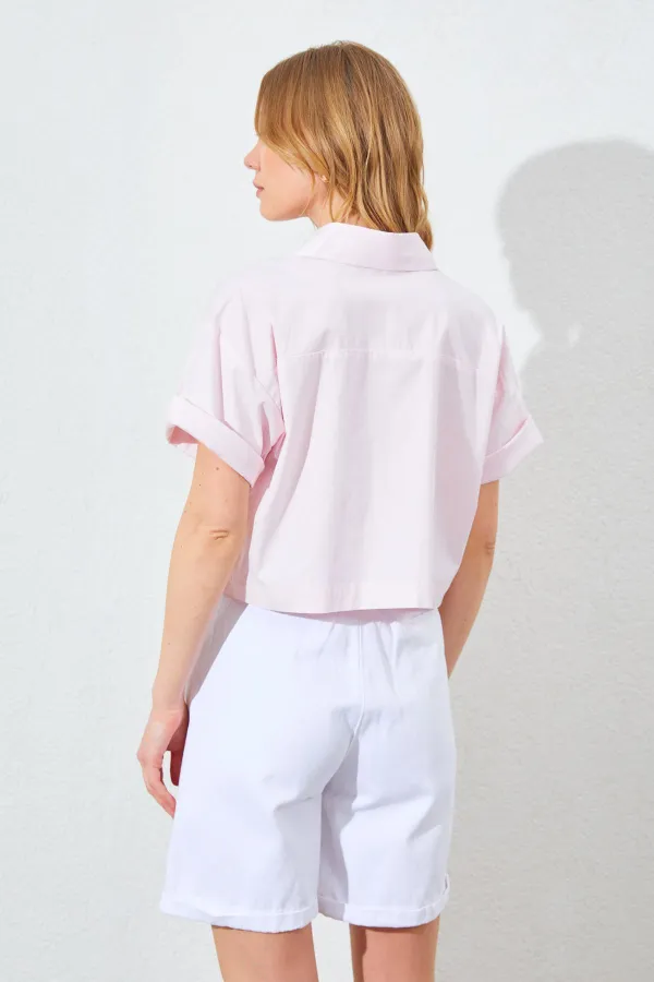 Kadın Toz Pembe Çift Cepli Düşük Kol Crop Gömlek
