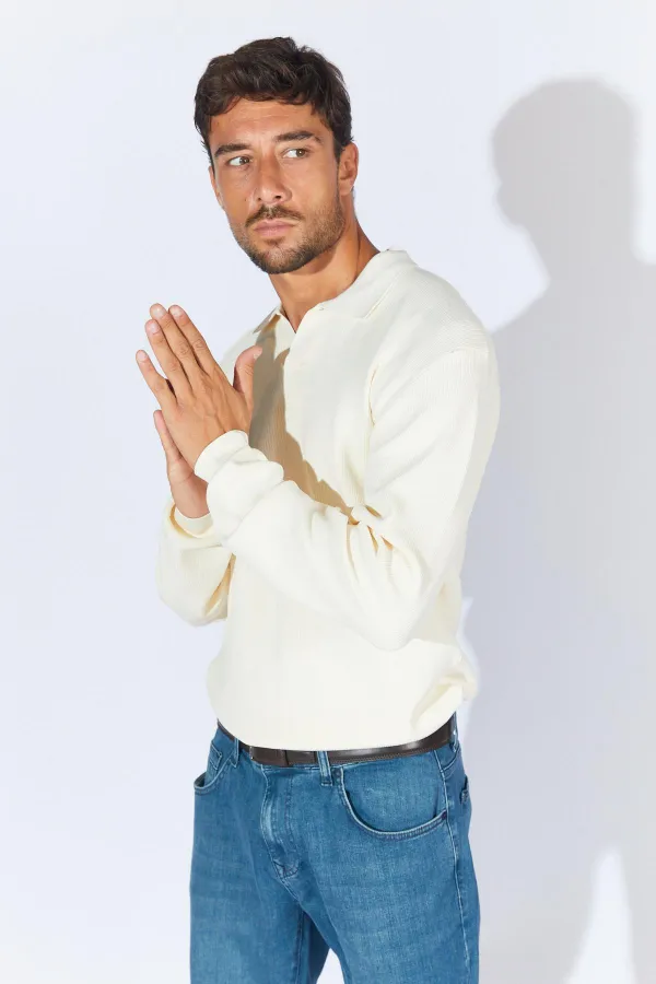 Erkek Ekru Ayaklı V Yaka Fitilli Basic Triko