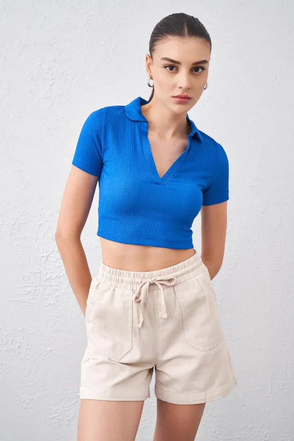 Kadın Saks Polo Yaka Bürümcük Kumaş Crop