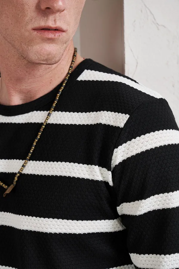 Erkek Siyah Bisiklet Yaka Yatay Çizgili Waffle Sweatshirt