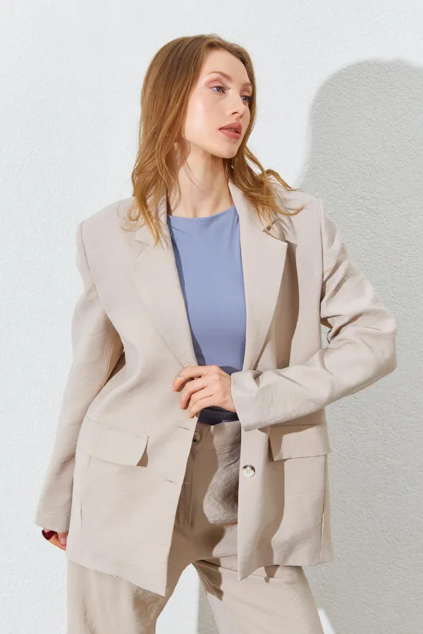 Kadın Taş Blazer Ceketli Palozzo Modal Pantolonlu Takım