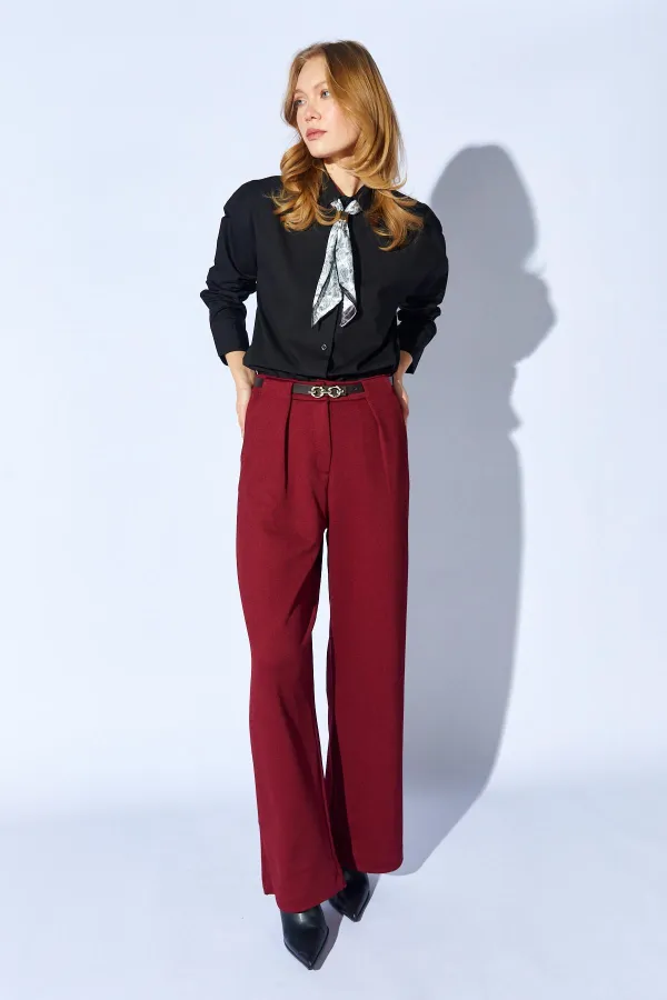 Kadın Bordo İçten Kemerli Bol Paça Yün Efekt Pantolon