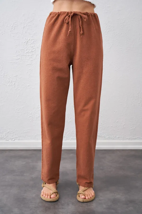 Kadın Kiremit Bel Bağlamalı Bağcıklı Keten Pantolon