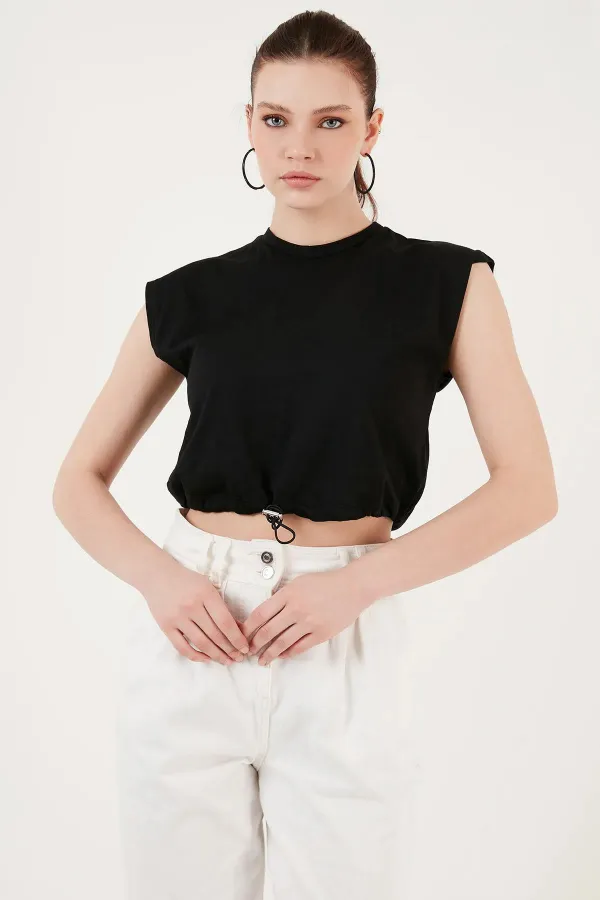 Kadın Siyah Eteği Stoplu Düşük Kol Süprem Tişört