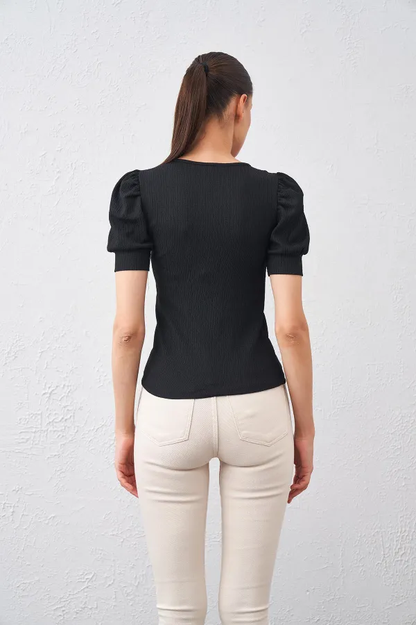 Kadın Siyah Balon Kol Kare Bürümcük Kumaş Bluz