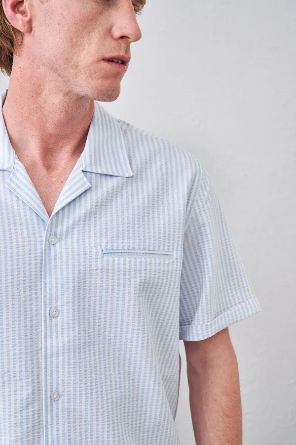 Erkek Mavi Kısa Kollu Apaş Yaka Gofre Flato Çizgili Regular Fit Gömlek