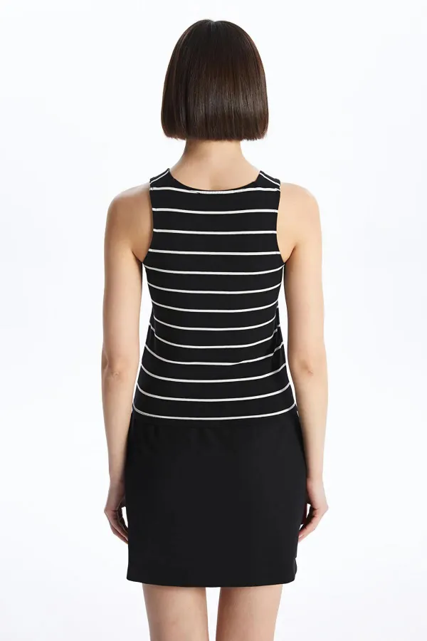 Kadın Siyah-Beyaz Yüzücü Model Bisiklet Yaka Full Licra Çizgili Ribana Atlet