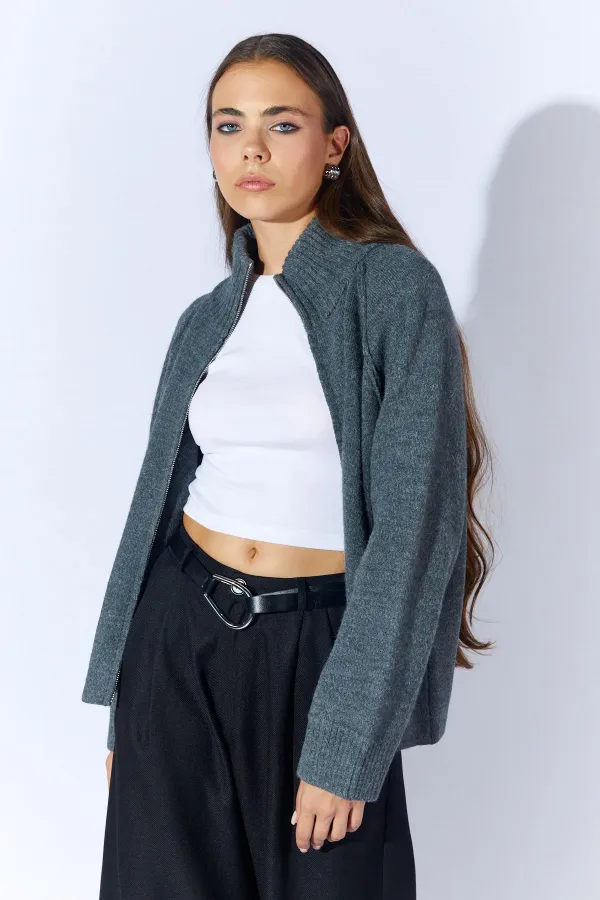 Kadın Antrasit Dik Yakalı Dışardan Dkişli Fermuarlı Hırka