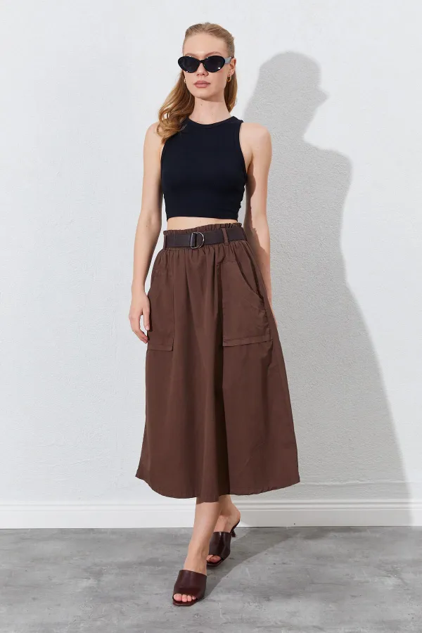 Kadın Kahve Palaska Kemerli Önü Cepli Gabardin Etek