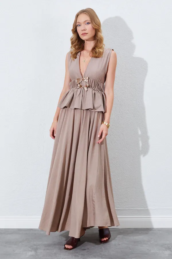 Kadın Vizon Kolsuz Beli Gipeli Fiyonk Desenli Bluz