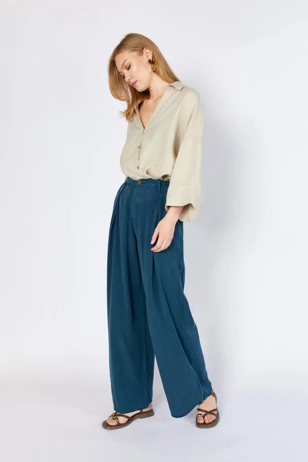 Women's Navy Blue YP5115 Double Pleated Wide Leg Tencel Trousers