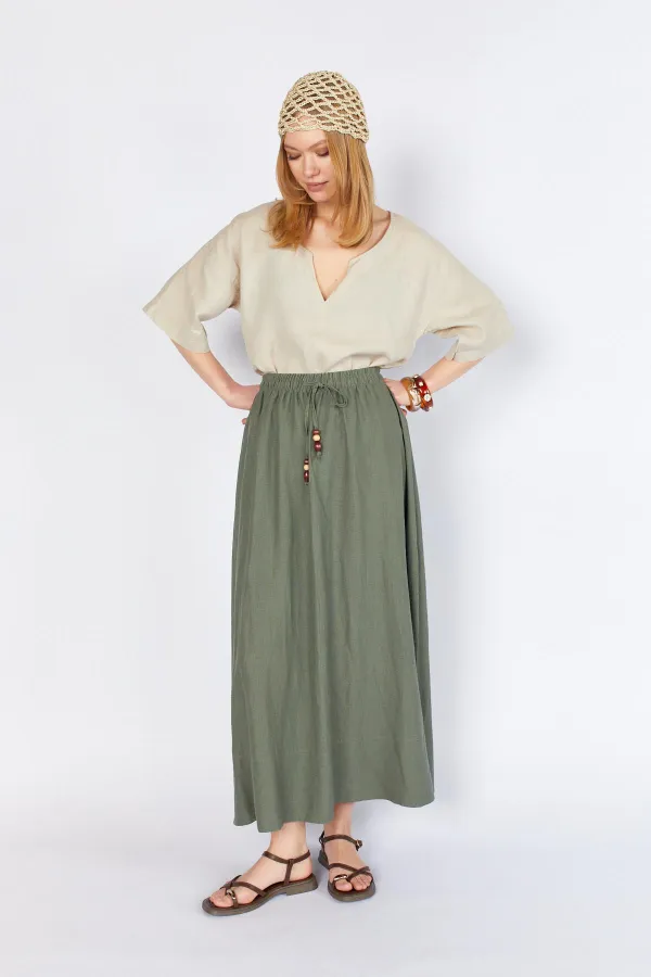 Kadın Haki Eteği Kalın Dikişli Beli Lastikli Etek