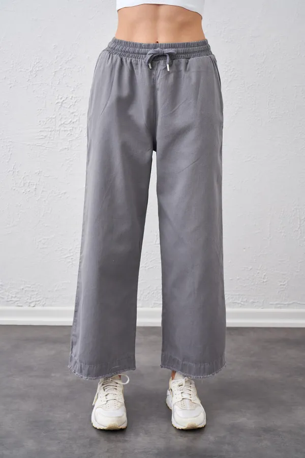 Kadın Gri Beli Bağlamalı Geniş Piş Dikişli Paça Pantolon