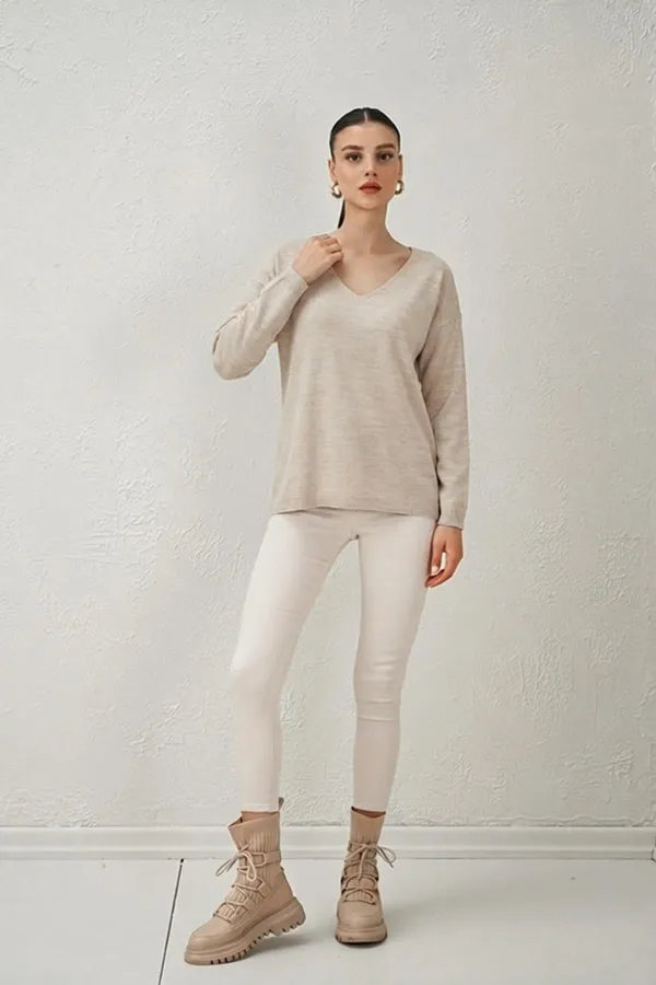 Kadın Taş Melanj V Yaka Salaş Triko Kazak