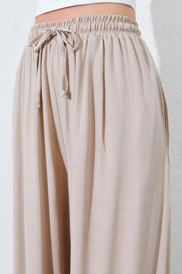Kadın Koyu Bej Beli Lastikli Palazzo Keten Pantolon