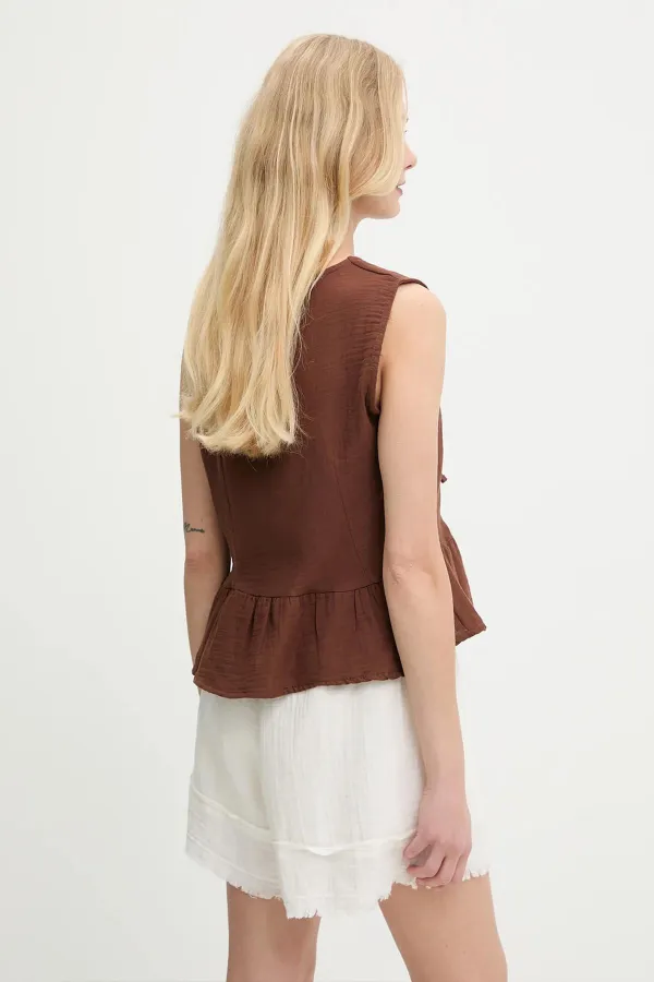 Kadın Kahve Önü Bağlamalı Kolsuz Eteği Fırfırlı Muslin Bluz