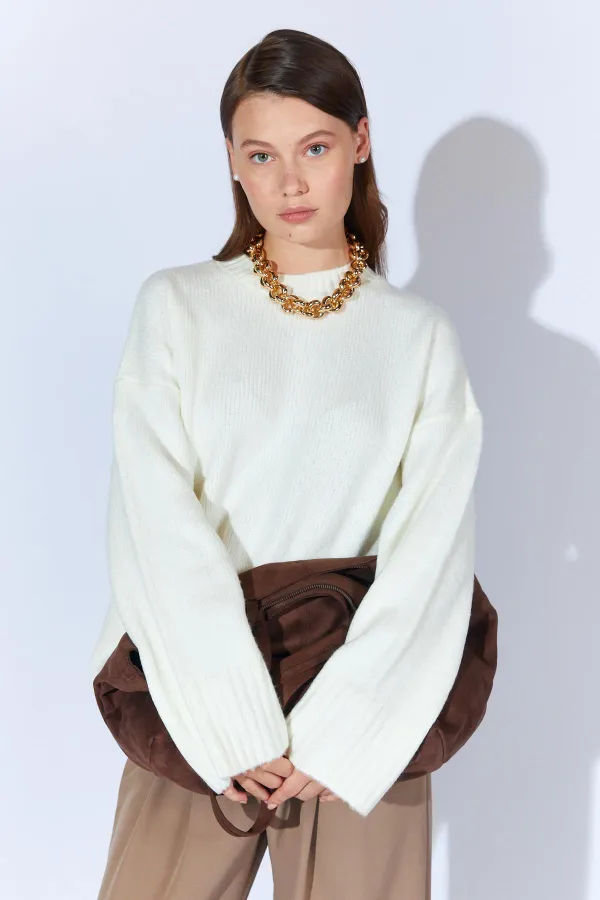 Kadın Krem Bisiklet Yaka Basic Triko Kazak