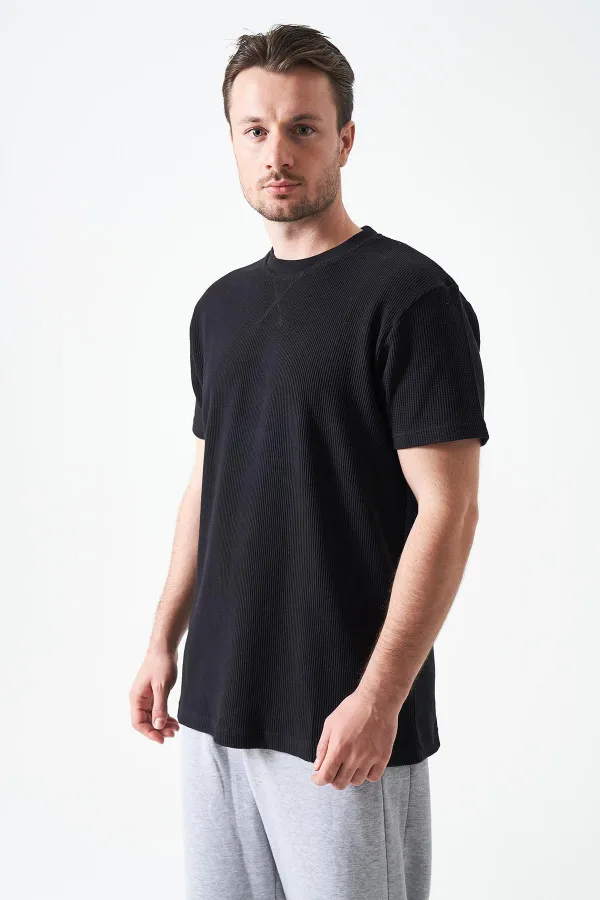 Erkek Siyah Bisiklet Yaka Önü Karyola Waffle Basic Tişört