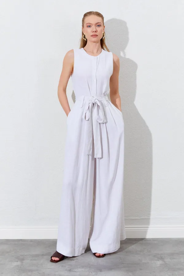 Kadın Naturel Kolsuz Kuşak Bağlamalı Double Paça Tulum