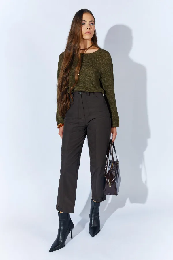 Kadın Kahve Beli Düğmeli Çift Dikişli Pantolon