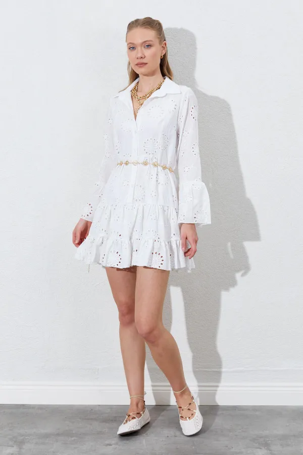 Kadın Ekru Fistolu Gömlek Elbise