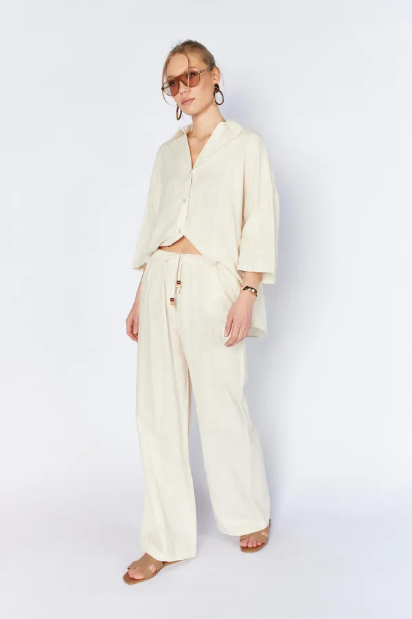 Kadın Ekru İçi Astarlı Bel Bağlamalı Pantolon