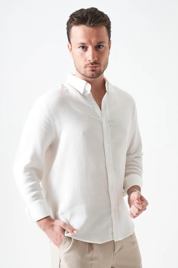 Erkek Ekru Uzun Kol Regular Basic Müslin Gömlek