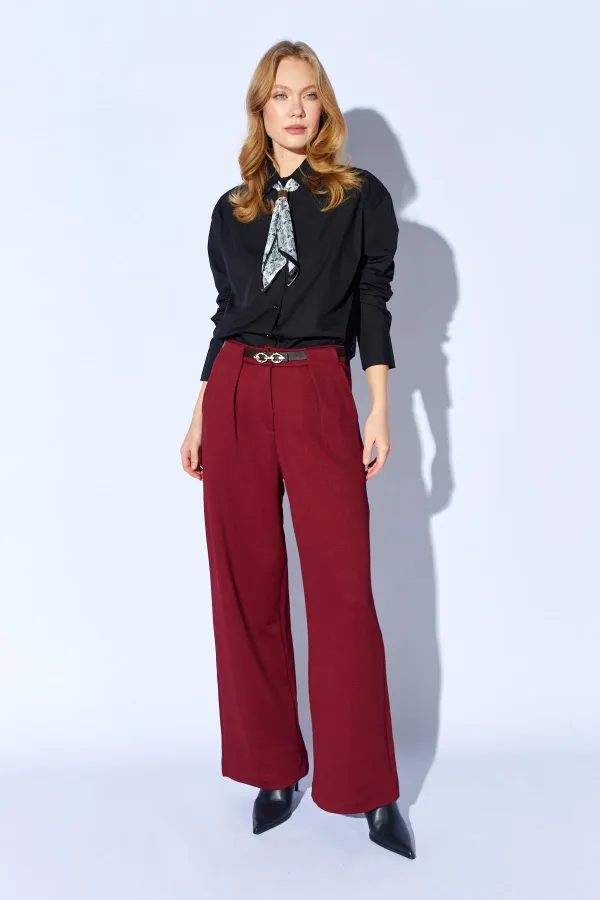 Kadın Bordo İçten Kemerli Bol Paça Yün Efekt Pantolon