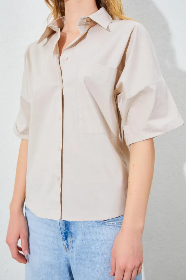 Kadın Taş Düşük Kol Tek Cepli Gömlek