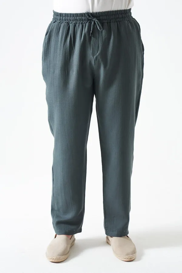 Erkek Çam Yeşili Bel Bağlamalı Baggy Müslin Pantolon