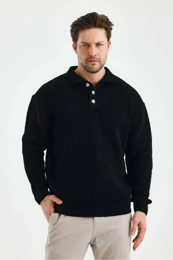 Pull en maille noir pour homme (TRZ047) à trois boutons