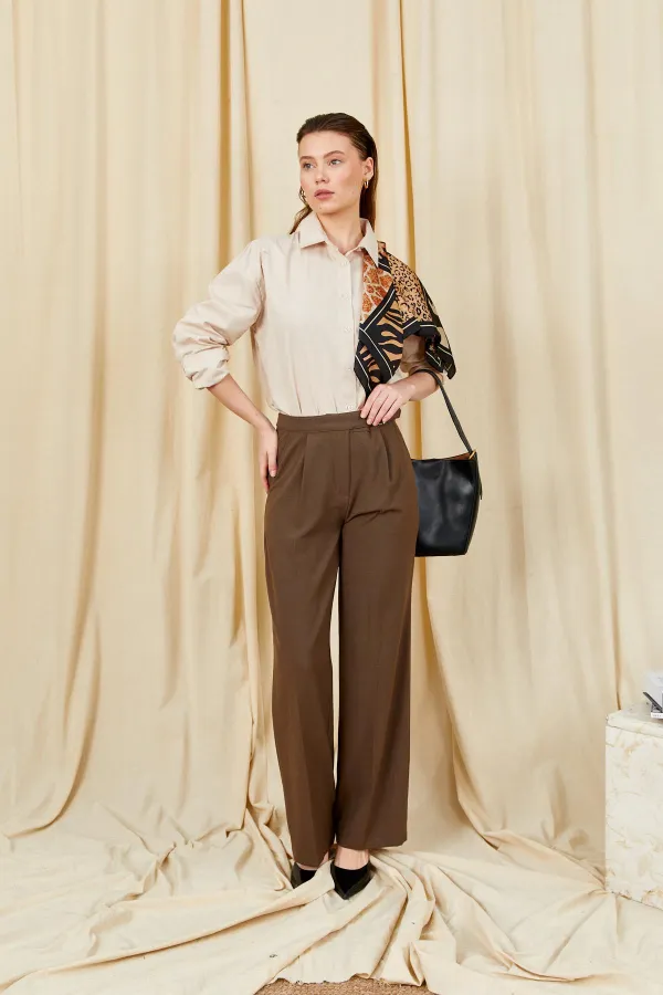 Women's Dark Brown 3522 Loose Fit Trousers with Side Buckle