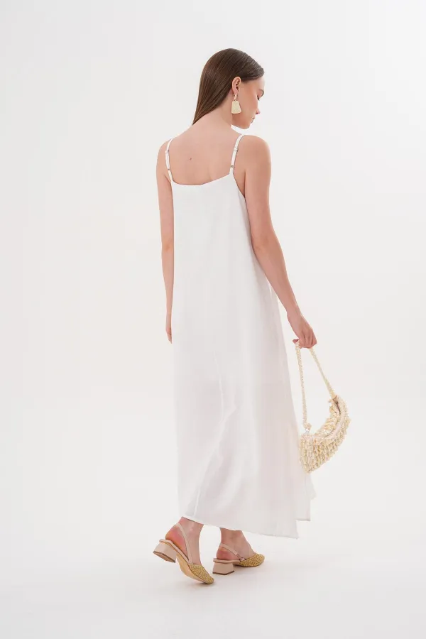 Kadın Ekru İp Askılı Yanı Yırtmaçlı Müslin Uzun Elbise