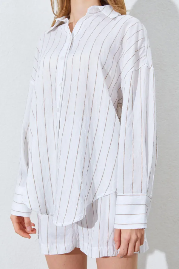 Kadın Kahve Oversize Gömlekli Şortlu Takım