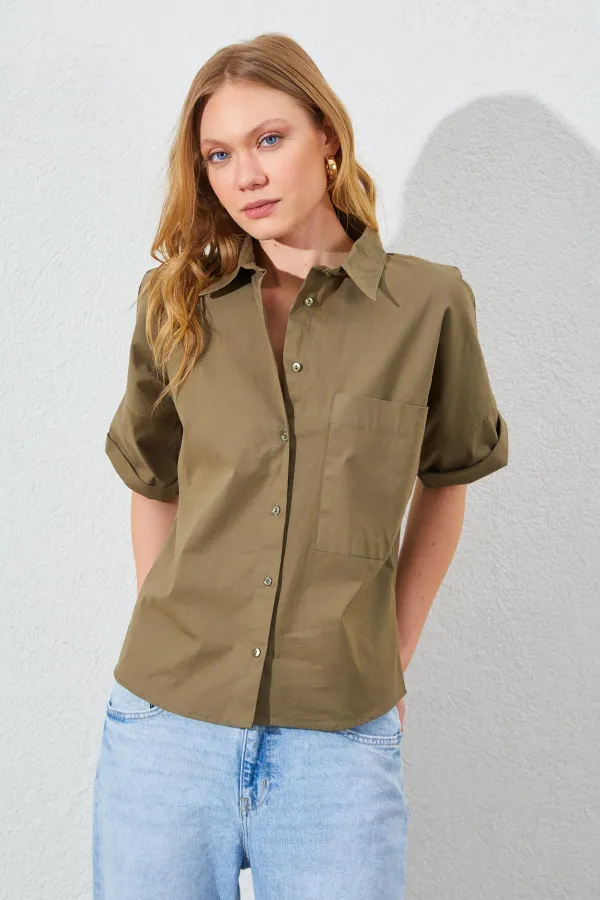 Kadın Haki Düşük Kol Tek Cepli Gömlek