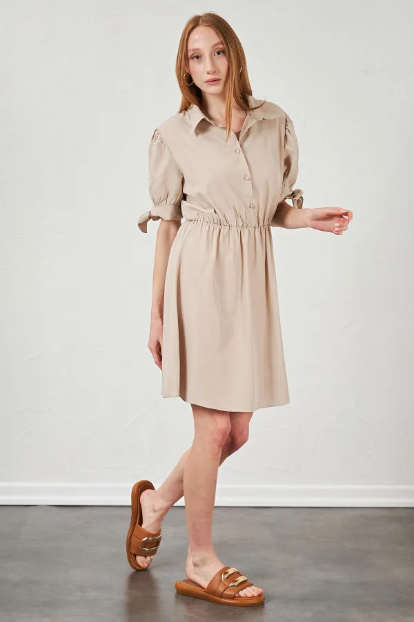 Kadın Bej Kolları Bağlamalı Poplin Elbise