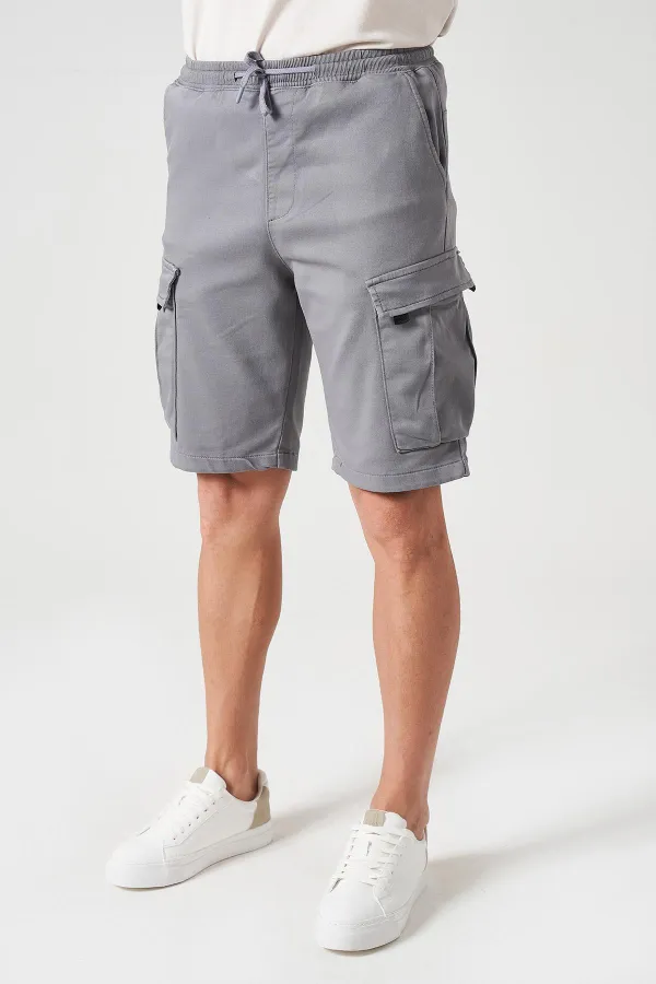 Erkek Gri Beli Ribanalı Örme Parça Boya Kargo Şort