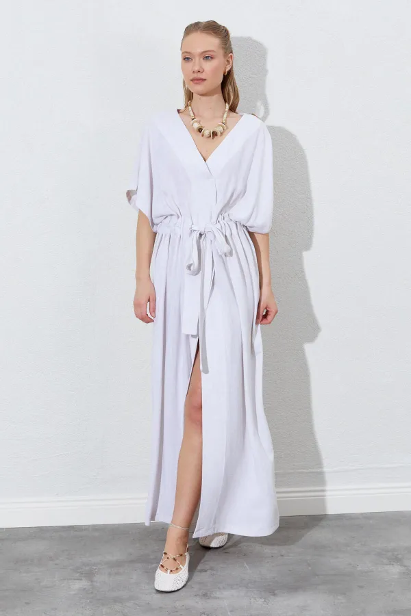 Kadın Naturel Düşük Kol Beli Tünel Kemerli Keten Uzun Elbise