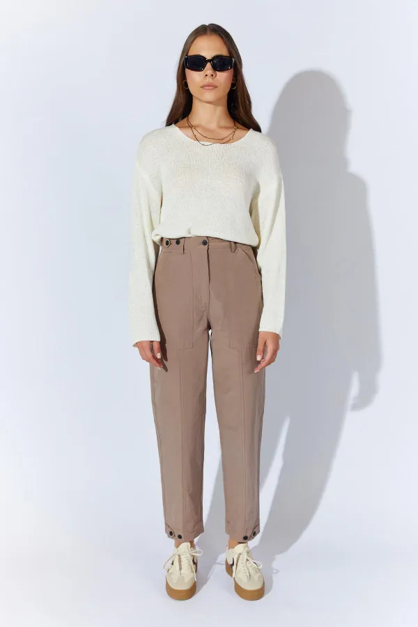 Kadın Vizon Beli Düğmeli Çift Dikişli Pantolon